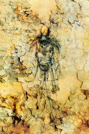 drawing of mystical indian woman in beautiful dress and color effectの写真素材