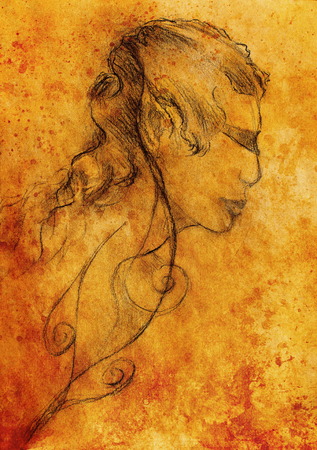 art drawing beautiful spiritual elf girl face and sepia backgroundの写真素材