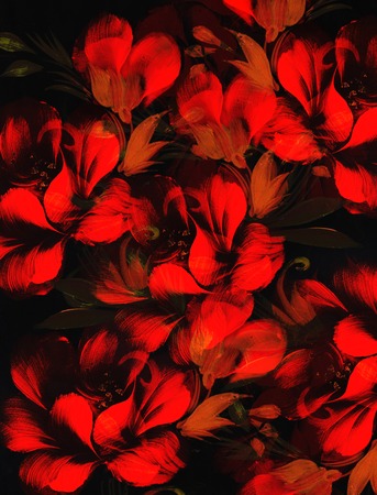 Red flower on black background. Painting and computer collageの写真素材