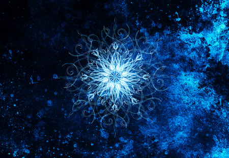 Ornamental mandala. Original hand draw and computer collage. Blue color structure. Winter effectの写真素材