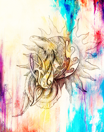 drawing of ornamental dragon and sun on old paper background computer collage. and color structureの写真素材