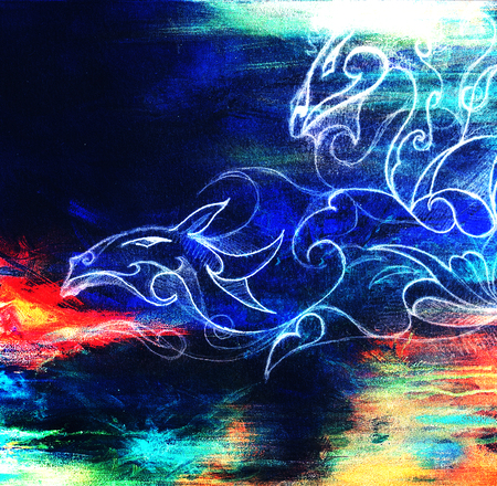 drawing of ornamental dragon on old paper background computer collage. and color structureの写真素材
