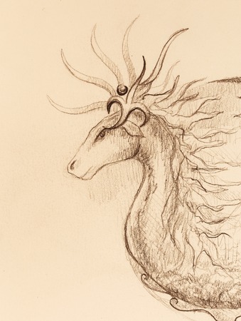 drawing of ornamental animal on old paper backgroundの写真素材