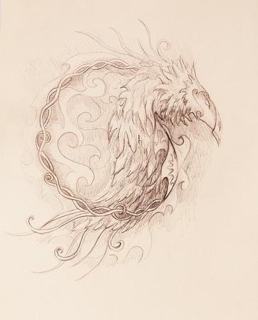 drawing of ornamental phoenix on old paper backgroundの写真素材