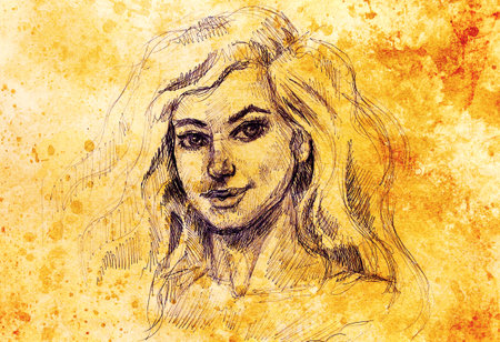 woman pen drawing, eye contact. Color effect and Computer collageの写真素材