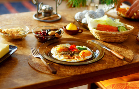 beautiful arrangement of healthy life style vegetarian breakfast on wooden table