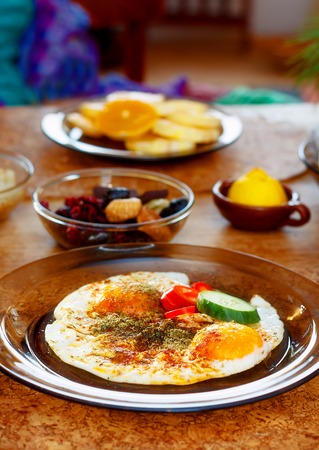 beautiful arrangement of healthy life style vegetarian breakfast on wooden tableの写真素材
