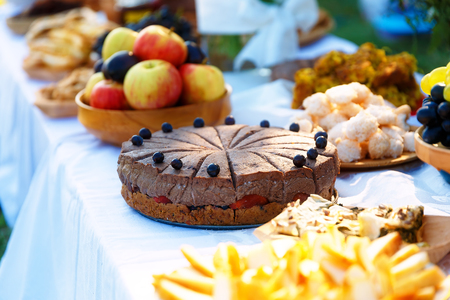 Beautiful wedding feast in nature, abundance of meals on a tableの写真素材