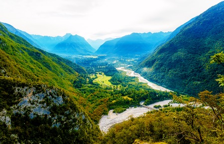 Rivers in the valley and hills in the background. Soca River in Sloveniaの写真素材
