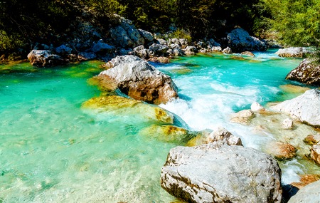 Rivers with beautiful turquoise water. Soca River in Sloveniaの写真素材