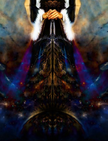 woman holding cosmical light sword with lightnings coming down on earth, with ornamental belt and medieval dress, graphic design, computer collageの写真素材