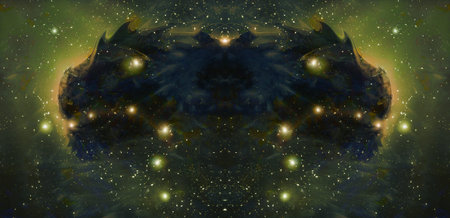Cosmic dragon in space and stars, green cosmic abstract backgroundの写真素材