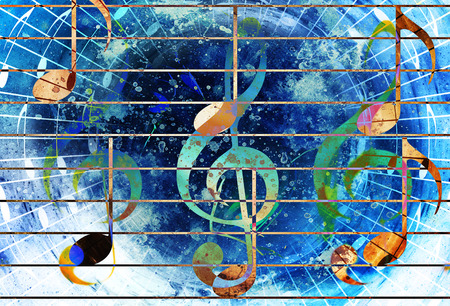 abstract set of music clefs and lines with notes, music theme graphic collageの写真素材