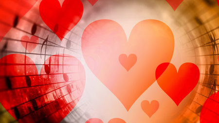 beautiful collage with hearts and music notes in cosmic space, symbolizining the love to music