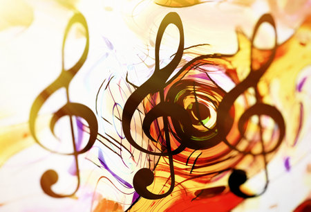 abstract music theme background with clef, modern design in sun lightの写真素材
