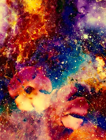 abstract multicolor flower motive collage with dynamic fire effect in spaceの写真素材