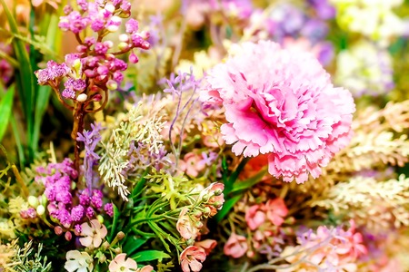 decorative floral bouquet with carnation flower and bookeh background, computer graphic from photographyの写真素材
