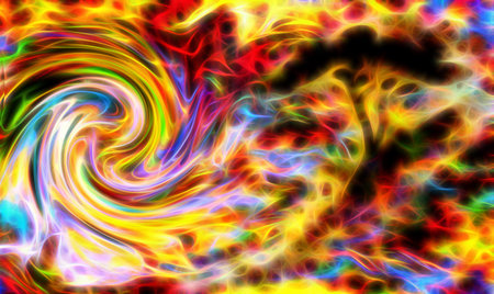 abstract tree silhouette with multicolor background and fractal effect. Swirl effectの写真素材