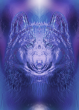 mystical smiling jackal appearence, computer metal effect graphic collageの写真素材