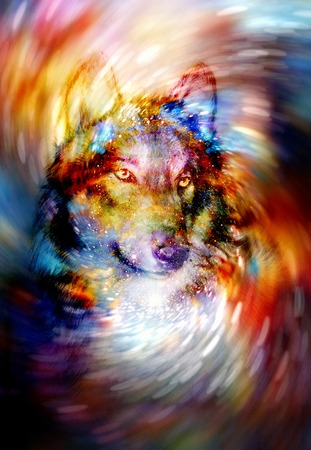 magical wolf in space light swirl, computer graphic collageの写真素材