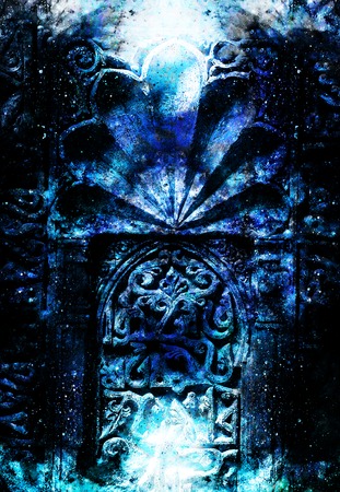 gate portal entrance with ornamental structure in cosmic surroundings. Winter effect.の写真素材
