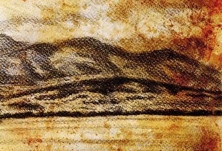 lanscape scenery with lake and mountains, pencil drawing, vintage effect.の写真素材