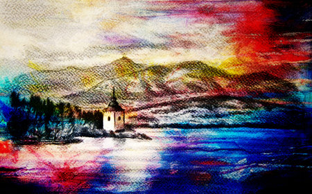 landcsape scenery with lake, chapel and mountains, pencil drawing, magical color effect.の写真素材