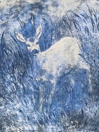 painting of young deer in wild landscape with high grass. graphic effect.の写真素材