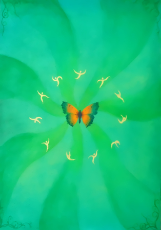 butterfly and litle gold dancing ellf on green background. Painting and graphic design.の写真素材