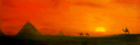 Pyramids at sunset, and dromedar. Painting and graphic effect.の写真素材