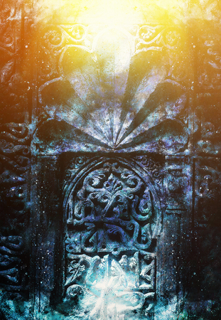 gate portal entrance with ornamental structure in cosmic surroundings.の写真素材