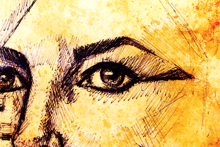 Drawing of woman eye on graphic background with structure effect.の写真素材