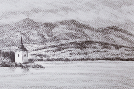 landcsape scenery with lake, chapel and mountains, pencil drawing.の写真素材