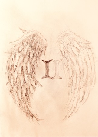 pencil drawing on old paper. angel wings and rome number, Sepia color.の写真素材