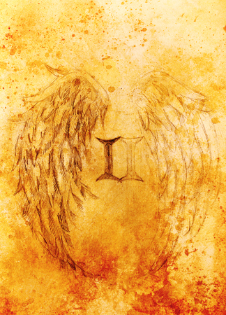 pencil drawing on old paper. angel wings and rome number, Sepia color.の写真素材