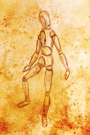 sketch of wooden posable drawing figure for artists on abstract background.の写真素材