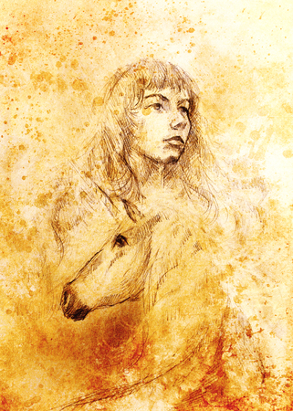 sketch of courageous young woman with unicorn on abstract spotted background.の写真素材
