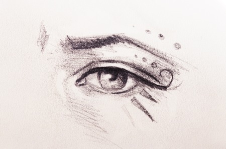 sketch of woman eye with eyebrow and makeup ornaments, drawing on abstract background.の写真素材