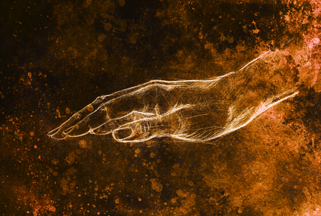 Drawing hand, pencil sketch on paper, sepia and vintage effect.の写真素材