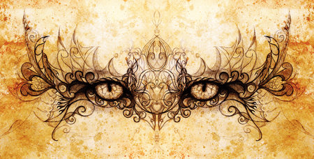 Mystic eye and beautiful ornamental. Drawing on old paper, original hand draw. Color effect.の写真素材