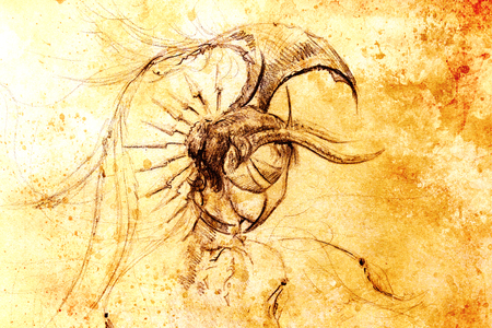 Mystic woman warior portrait. pencil drawing on old paper.の写真素材