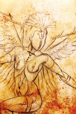 Mystic woman warior. pencil drawing on old paper. Color effect.の写真素材