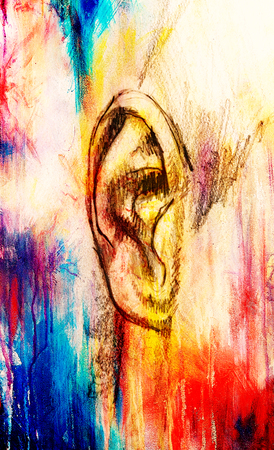 artistic sketch of face parts, detail of ear, on colorful structured abstract background.の写真素材