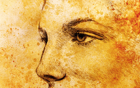 beautiful woman eye. pencil drawing on old paper.の写真素材