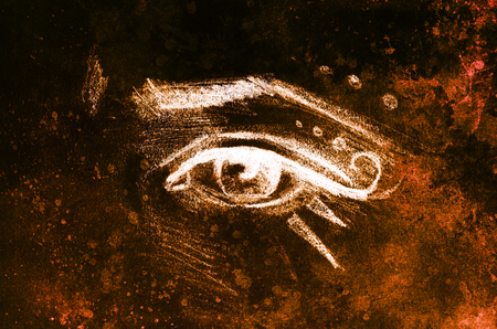 sketch of woman eye with eyebrow and makeup ornaments, drawing on abstract background.の写真素材