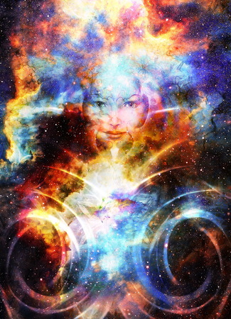 Goddess Woman and light circle in Cosmic space. Cosmic Space background. eye contact.の写真素材