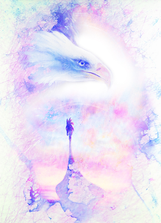 painting head of american eagle and viking boat, on an abstract textured background. Marble structure.の写真素材