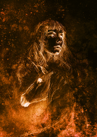 sketch of courageous young woman with unicorn on abstract spotted background.の写真素材