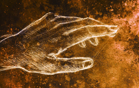 Drawing hand, pencil sketch on paper, sepia and vintage effect.の写真素材