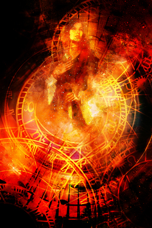 Goddess Woman and zodiac. Cosmic background. Fire effect.の写真素材